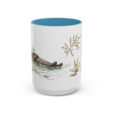 Sea Otter Accent Mug | Watercolor Nature Coffee Cup | 11oz 15oz Ocean Wildlife Gift — 15oz / Light Blue — front