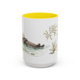 Sea Otter Accent Mug | Watercolor Nature Coffee Cup | 11oz 15oz Ocean Wildlife Gift — 15oz / Yellow — front