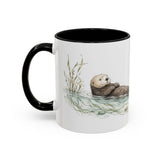 Sea Otter Accent Mug | Watercolor Nature Coffee Cup | 11oz 15oz Ocean Wildlife Gift — 11oz / Black — left