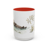 Sea Otter Accent Mug | Watercolor Nature Coffee Cup | 11oz 15oz Ocean Wildlife Gift — 15oz / Red — front