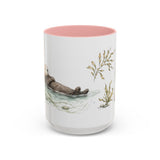 Sea Otter Accent Mug | Watercolor Nature Coffee Cup | 11oz 15oz Ocean Wildlife Gift — 15oz / Pink — front