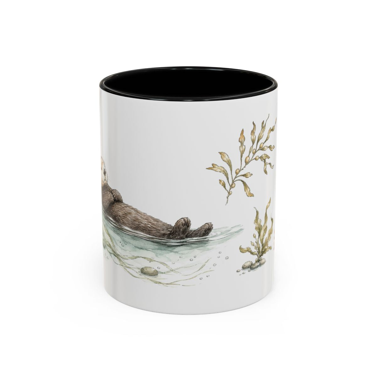 Sea Otter Accent Mug | Watercolor Nature Coffee Cup | 11oz 15oz Ocean Wildlife Gift — 11oz / Black — front