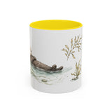 Sea Otter Accent Mug | Watercolor Nature Coffee Cup | 11oz 15oz Ocean Wildlife Gift — 11oz / Yellow — front