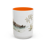Sea Otter Accent Mug | Watercolor Nature Coffee Cup | 11oz 15oz Ocean Wildlife Gift — 15oz / Orange — front