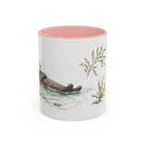 Sea Otter Accent Mug | Watercolor Nature Coffee Cup | 11oz 15oz Ocean Wildlife Gift — 11oz / Pink — front