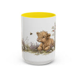 Shaggy Highland Cow Calf Accent Mug | Watercolor Nature Coffee Cup | 11oz 15oz Farm Animal Gift — 15oz / Yellow — front