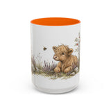 Shaggy Highland Cow Calf Accent Mug | Watercolor Nature Coffee Cup | 11oz 15oz Farm Animal Gift — 15oz / Orange — front
