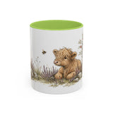 Shaggy Highland Cow Calf Accent Mug | Watercolor Nature Coffee Cup | 11oz 15oz Farm Animal Gift — 11oz / Light Green — front