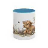 Shaggy Highland Cow Calf Accent Mug | Watercolor Nature Coffee Cup | 11oz 15oz Farm Animal Gift — 11oz / Light Blue — front