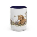 Shaggy Highland Cow Calf Accent Mug | Watercolor Nature Coffee Cup | 11oz 15oz Farm Animal Gift — 15oz / Navy — front