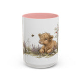 Shaggy Highland Cow Calf Accent Mug | Watercolor Nature Coffee Cup | 11oz 15oz Farm Animal Gift — 15oz / Pink — front