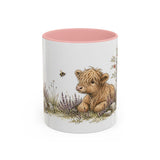 Shaggy Highland Cow Calf Accent Mug | Watercolor Nature Coffee Cup | 11oz 15oz Farm Animal Gift — 11oz / Pink — front