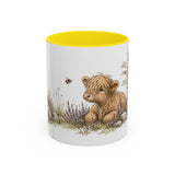 Shaggy Highland Cow Calf Accent Mug | Watercolor Nature Coffee Cup | 11oz 15oz Farm Animal Gift — 11oz / Yellow — front