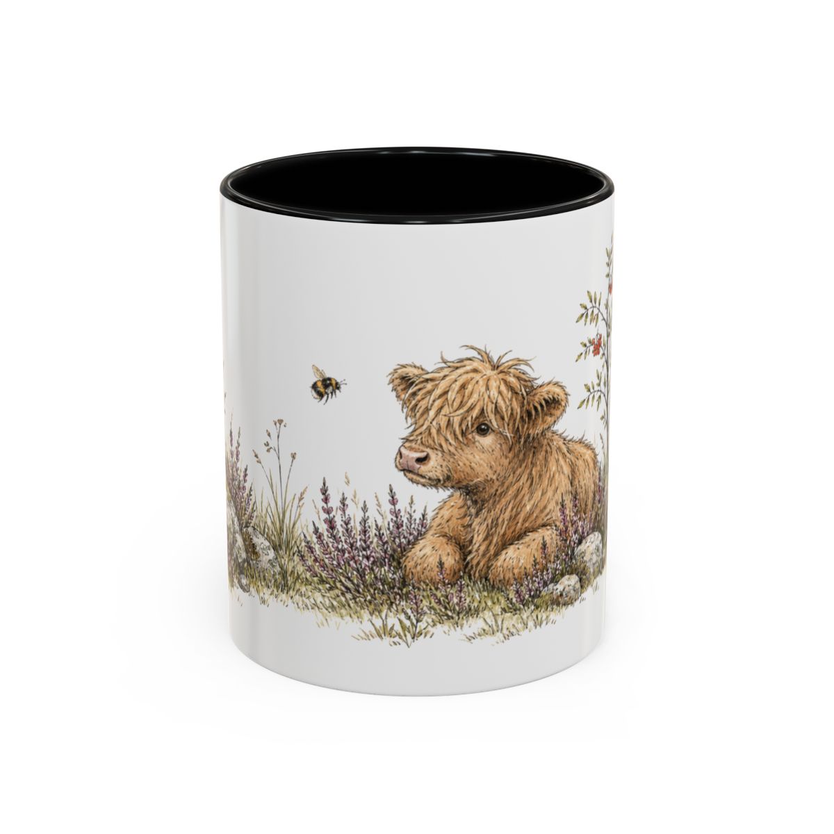 Shaggy Highland Cow Calf Accent Mug | Watercolor Nature Coffee Cup | 11oz 15oz Farm Animal Gift — 11oz / Black — front