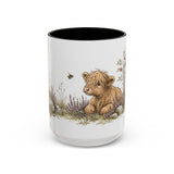Shaggy Highland Cow Calf Accent Mug | Watercolor Nature Coffee Cup | 11oz 15oz Farm Animal Gift — 15oz / Black — front