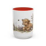 Shaggy Highland Cow Calf Accent Mug | Watercolor Nature Coffee Cup | 11oz 15oz Farm Animal Gift — 15oz / Red — front