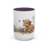 Shaggy Highland Cow Calf Accent Mug | Watercolor Nature Coffee Cup | 11oz 15oz Farm Animal Gift — 15oz / Purple — front