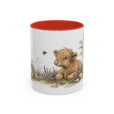 Shaggy Highland Cow Calf Accent Mug | Watercolor Nature Coffee Cup | 11oz 15oz Farm Animal Gift — 11oz / Red — front