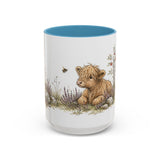 Shaggy Highland Cow Calf Accent Mug | Watercolor Nature Coffee Cup | 11oz 15oz Farm Animal Gift — 15oz / Light Blue — front