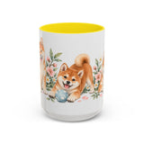 Shiba Inu Mug, Cute Watercolor Dog Coffee Cup, Floral Pet Lover Gift, 11oz 15oz Ceramic Accent Mug — 15oz / Yellow — front