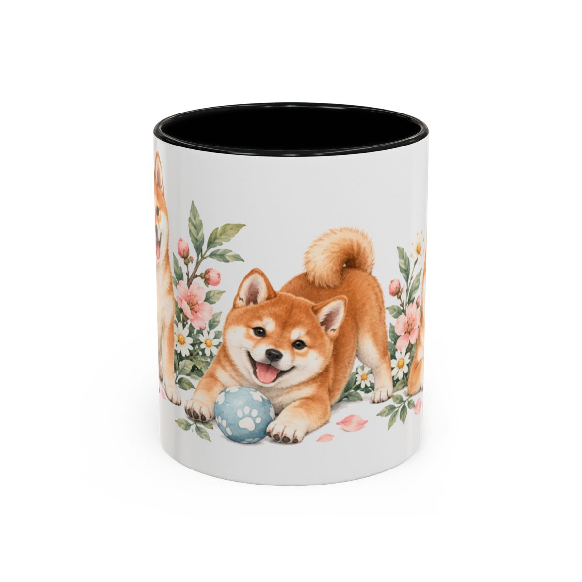 Shiba Inu Mug, Cute Watercolor Dog Coffee Cup, Floral Pet Lover Gift, 11oz 15oz Ceramic Accent Mug — 11oz / Black — front