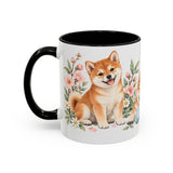 Shiba Inu Mug, Cute Watercolor Dog Coffee Cup, Floral Pet Lover Gift, 11oz 15oz Ceramic Accent Mug — 11oz / Black — left