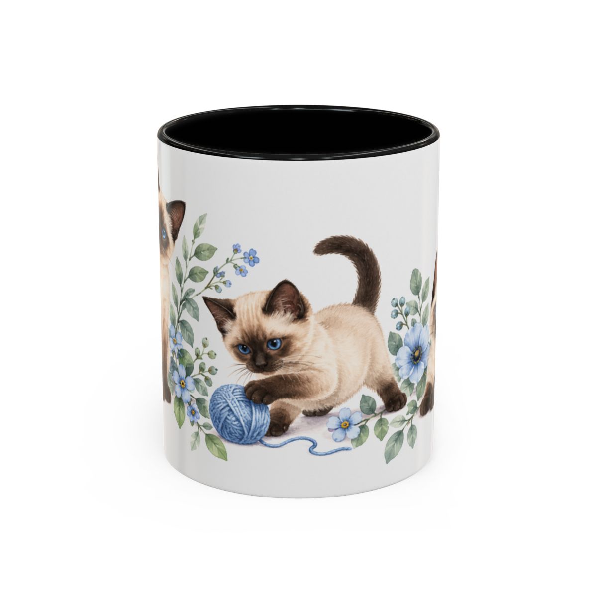 Siamese Mug, Cute Watercolor Cat Coffee Cup, Floral Pet Lover Gift, 11oz 15oz Ceramic Accent Mug — 11oz / Black — front