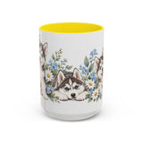 Siberian Husky Mug, Cute Watercolor Dog Coffee Cup, Floral Pet Lover Gift, 11oz 15oz Ceramic Accent Mug — 15oz / Yellow — front