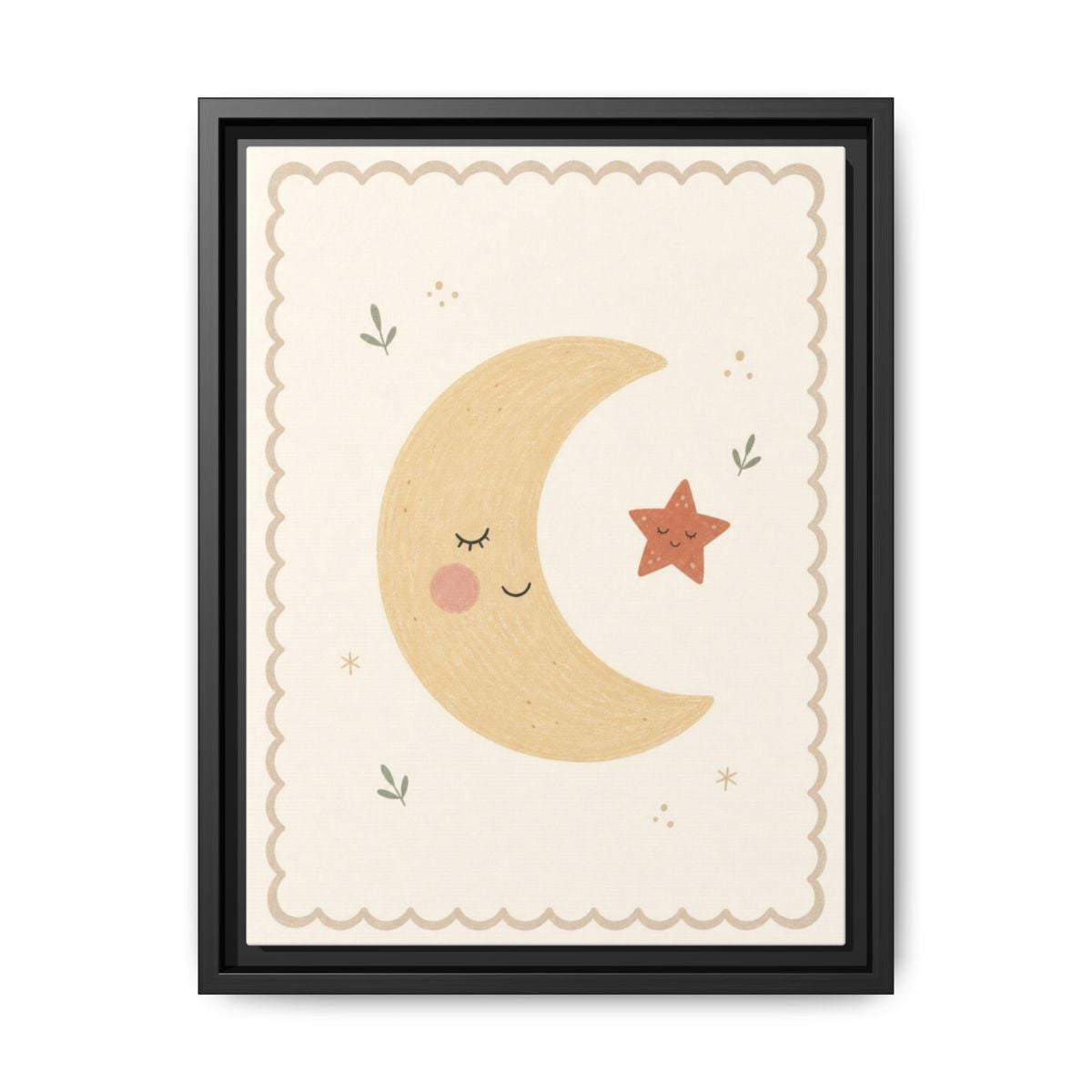 Sleepy Moon Framed Nursery Canvas, Storybook Kids Room Wall Art, 12x16 18x24 — Front view — Photo 1