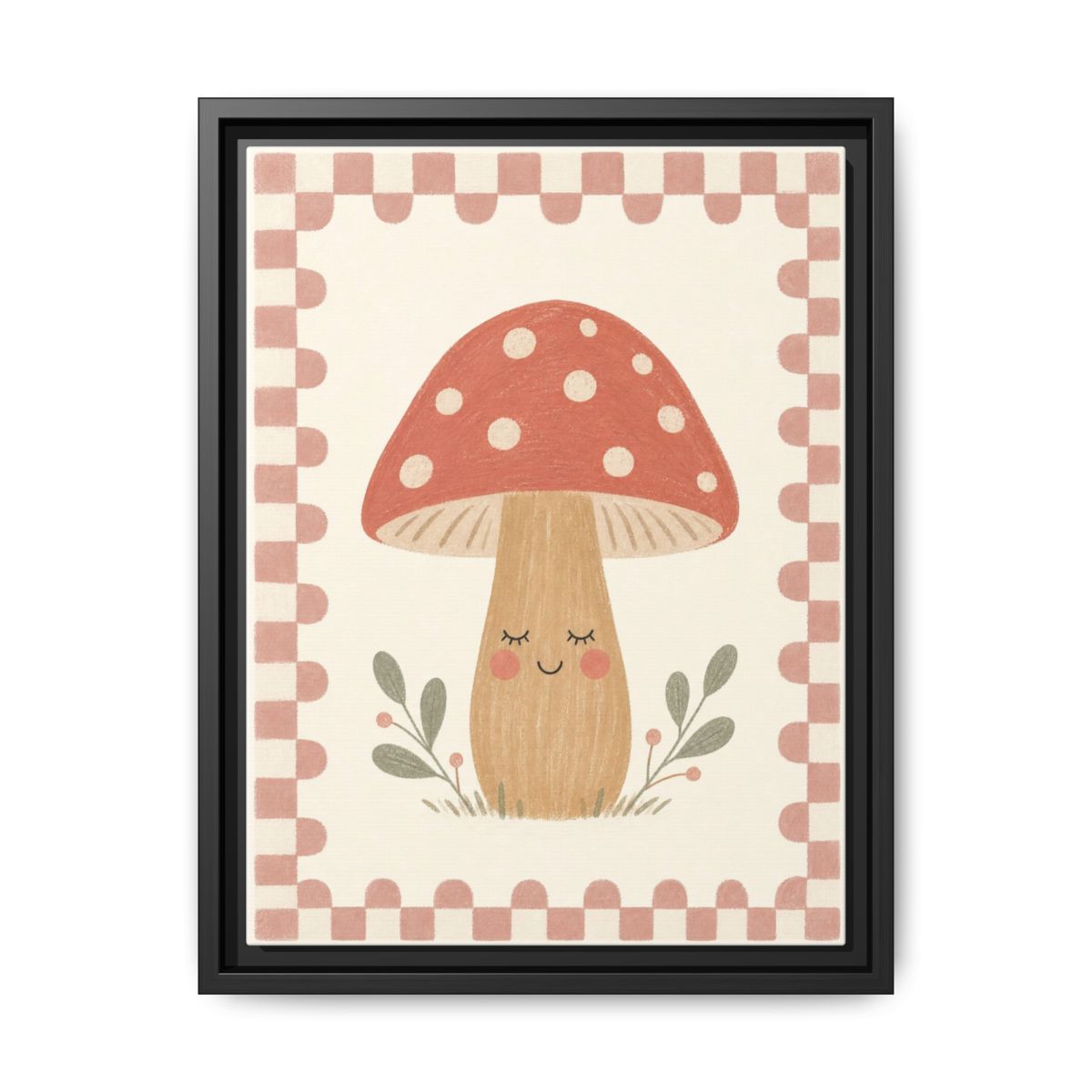 Sleepy Mushroom Framed Nursery Canvas, Storybook Kids Room Wall Art, 12x16 18x24 — Front view — Photo 1