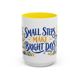 Small Steps Make Bright Days Mug, Botanical Inspirational Coffee Cup, Encouragement Gift, 11oz 15oz Accent Mug — 15oz / Yellow — front