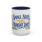 Small Steps Make Bright Days Mug, Botanical Inspirational Coffee Cup, Encouragement Gift, 11oz 15oz Accent Mug — 15oz / Navy — front
