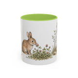 Soft Brown Rabbit Accent Mug | Watercolor Nature Coffee Cup | 11oz 15oz Farm Animal Gift — 11oz / Light Green — front