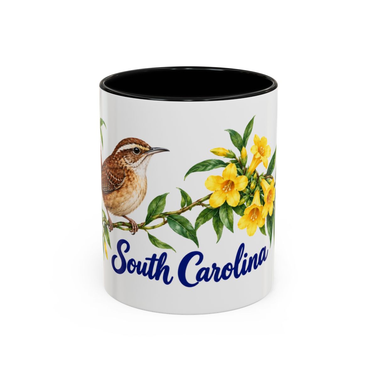 South Carolina State Bird and Flower Mug, Watercolor Botanical Coffee Cup, Nature Lover Gift, 11oz 15oz Accent Mug — 11oz / Black — front