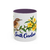South Carolina State Bird and Flower Mug, Watercolor Botanical Coffee Cup, Nature Lover Gift, 11oz 15oz Accent Mug — 11oz / Purple — front