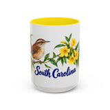 South Carolina State Bird and Flower Mug, Watercolor Botanical Coffee Cup, Nature Lover Gift, 11oz 15oz Accent Mug — 15oz / Yellow — front