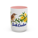 South Carolina State Bird and Flower Mug, Watercolor Botanical Coffee Cup, Nature Lover Gift, 11oz 15oz Accent Mug — 15oz / Pink — front