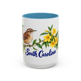 South Carolina State Bird and Flower Mug, Watercolor Botanical Coffee Cup, Nature Lover Gift, 11oz 15oz Accent Mug — 15oz / Light Blue — front