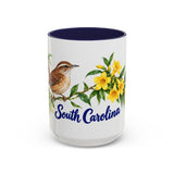 South Carolina State Bird and Flower Mug, Watercolor Botanical Coffee Cup, Nature Lover Gift, 11oz 15oz Accent Mug — 15oz / Navy — front