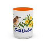 South Carolina State Bird and Flower Mug, Watercolor Botanical Coffee Cup, Nature Lover Gift, 11oz 15oz Accent Mug — 15oz / Orange — front