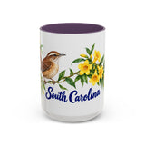 South Carolina State Bird and Flower Mug, Watercolor Botanical Coffee Cup, Nature Lover Gift, 11oz 15oz Accent Mug — 15oz / Purple — front