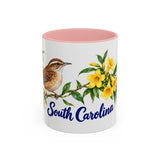 South Carolina State Bird and Flower Mug, Watercolor Botanical Coffee Cup, Nature Lover Gift, 11oz 15oz Accent Mug — 11oz / Pink — front