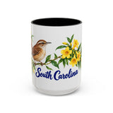 South Carolina State Bird and Flower Mug, Watercolor Botanical Coffee Cup, Nature Lover Gift, 11oz 15oz Accent Mug — 15oz / Black — front