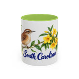 South Carolina State Bird and Flower Mug, Watercolor Botanical Coffee Cup, Nature Lover Gift, 11oz 15oz Accent Mug — 11oz / Light Green — front