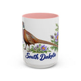 South Dakota State Bird and Flower Mug, Watercolor Botanical Coffee Cup, Nature Lover Gift, 11oz 15oz Accent Mug — 15oz / Pink — front