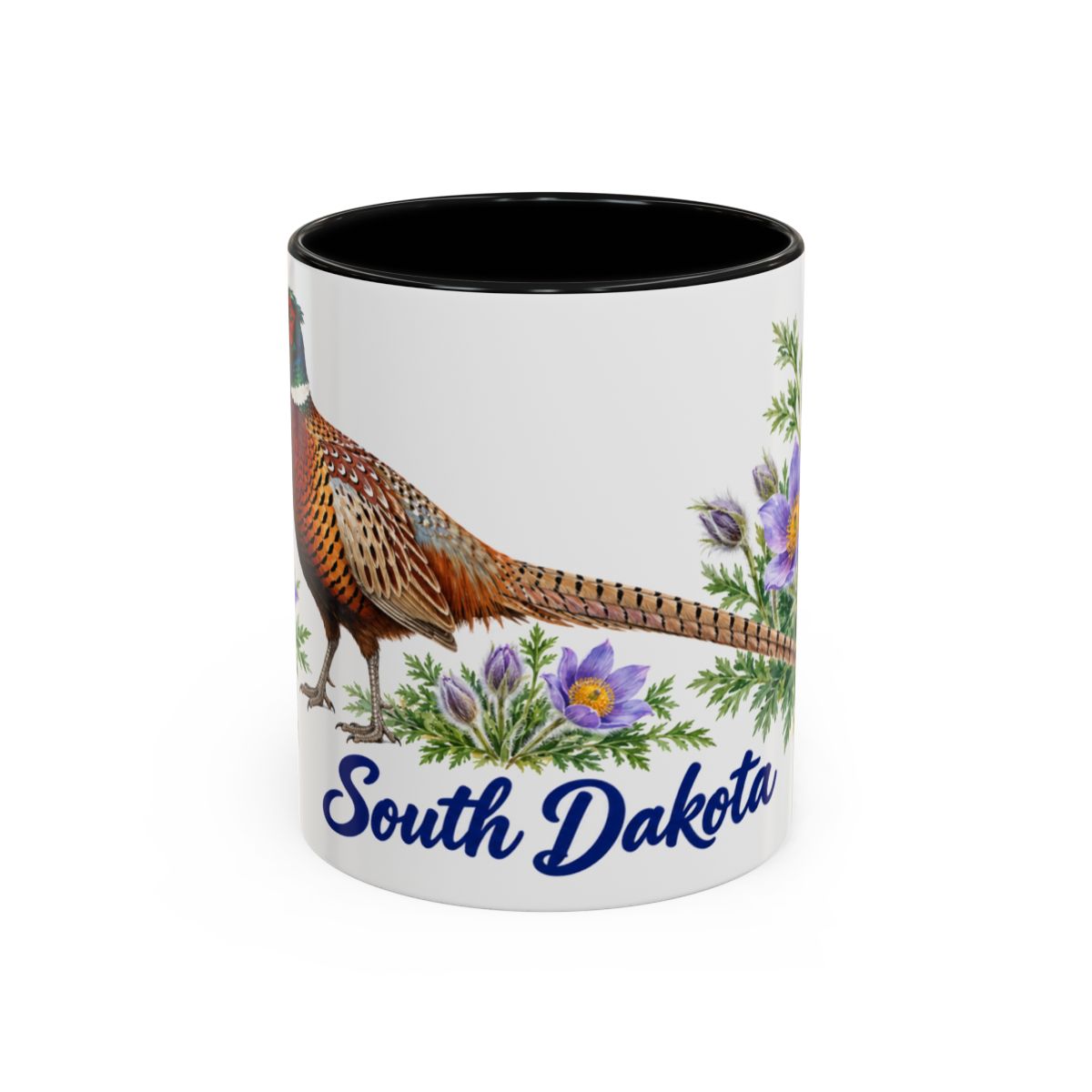 South Dakota State Bird and Flower Mug, Watercolor Botanical Coffee Cup, Nature Lover Gift, 11oz 15oz Accent Mug — 11oz / Black — front