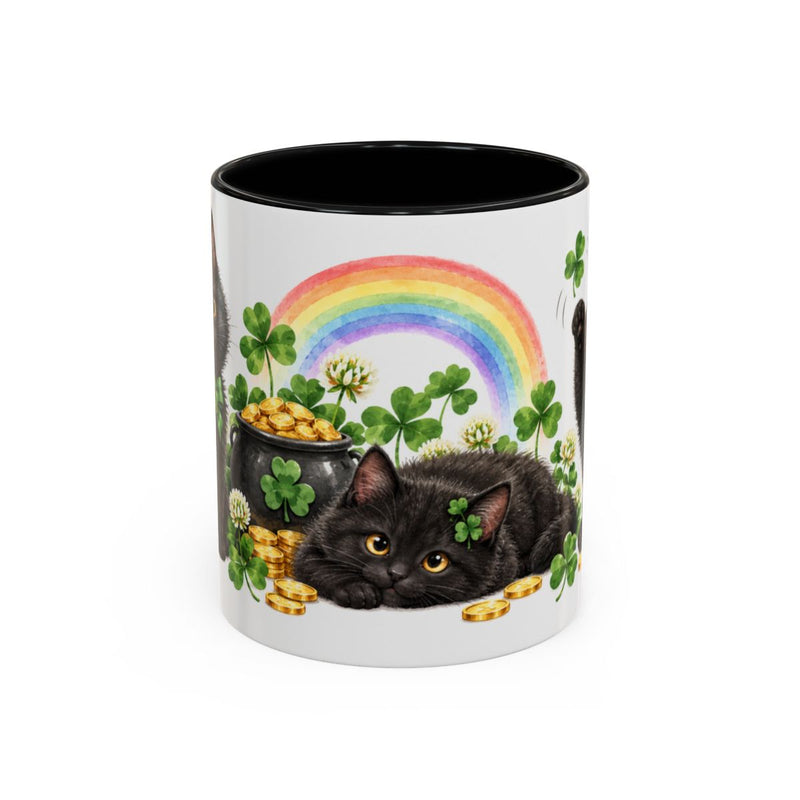 St. Patrick's Day Black Cat Mug, Shamrock Gold, Cute Animal Lover Gift, Watercolor Ceramic Coffee Cup, 11oz 15oz — 11oz / Black — front
