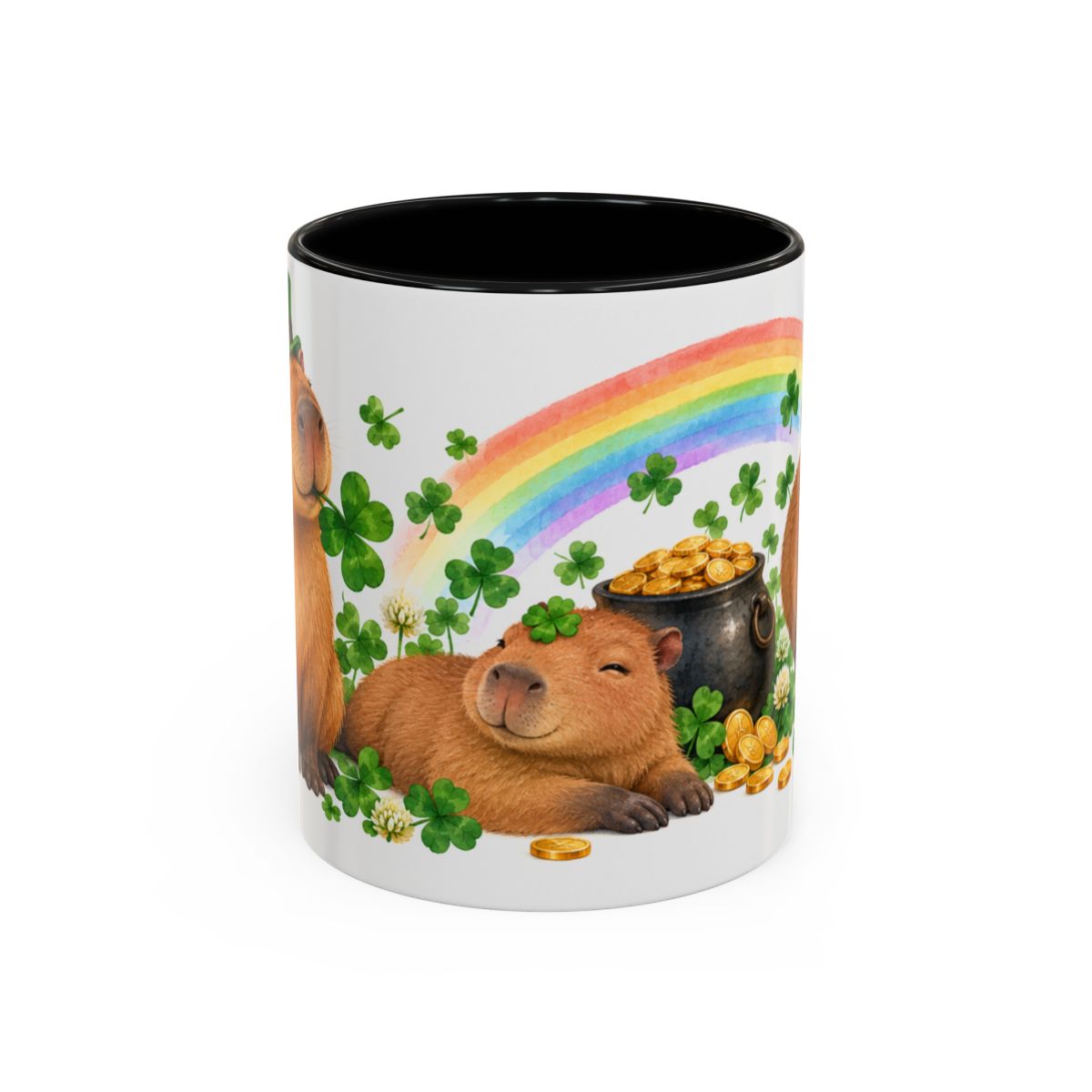 St. Patrick's Day Capybara Mug, Calm Clover, Cute Animal Lover Gift, Watercolor Ceramic Coffee Cup, 11oz 15oz — 11oz / Black — front