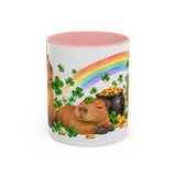 St. Patrick's Day Capybara Mug, Calm Clover, Cute Animal Lover Gift, Watercolor Ceramic Coffee Cup, 11oz 15oz — 11oz / Pink — front