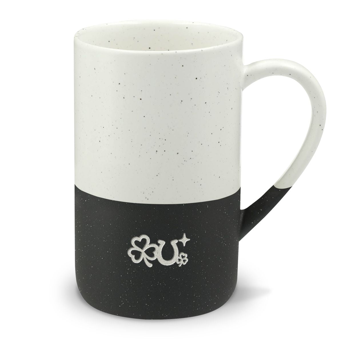 St. Patrick's Day Engraved Mug, St Patrick Shamrock Luck, 13oz Speckled Ceramic Coffee Cup, Holiday Gift — Front view — Photo 1